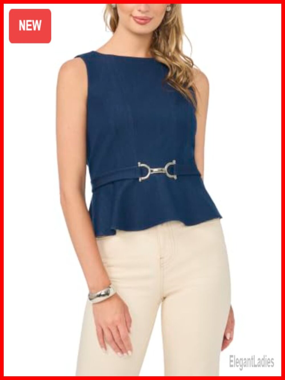 Sleeveless Seamed Belted Shell Top Fitted Pull On Blouse